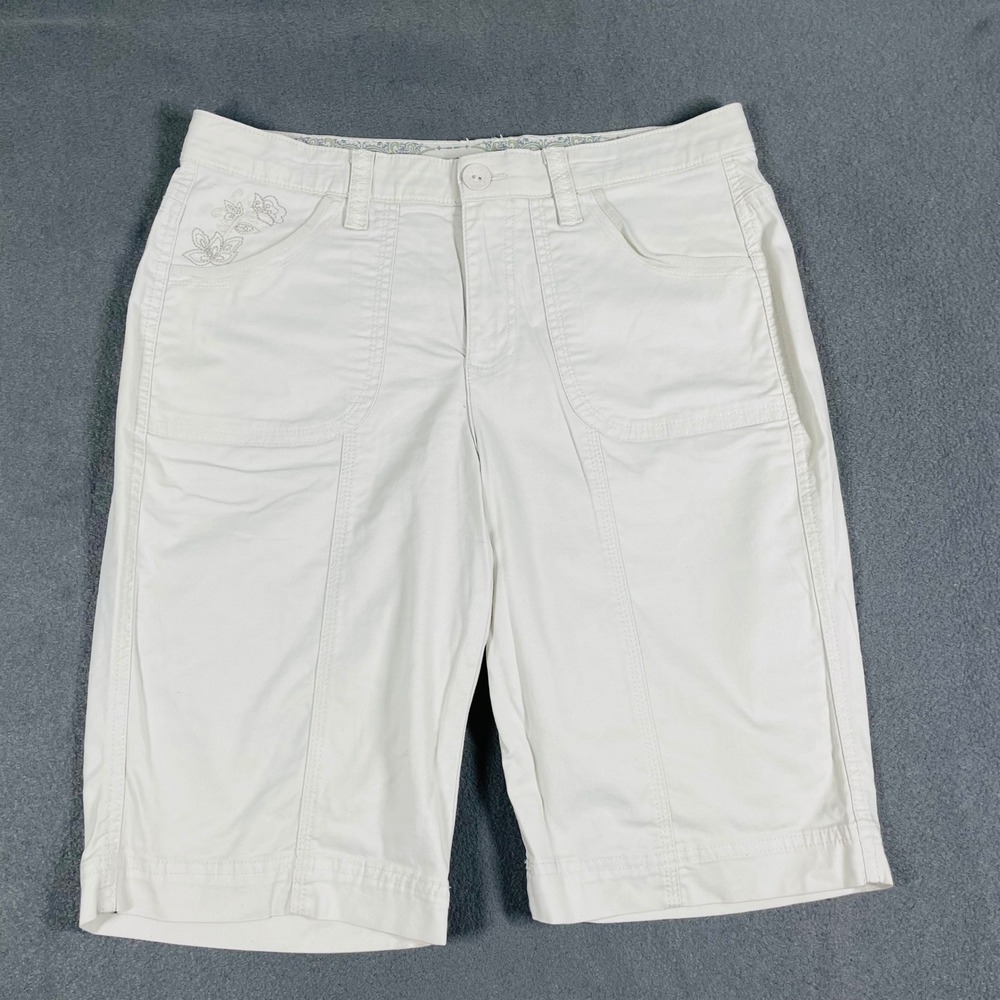 Gloria Vanderbilt Bermuda Shorts Embroidered Floral Detail‎ White Cotton Size 8